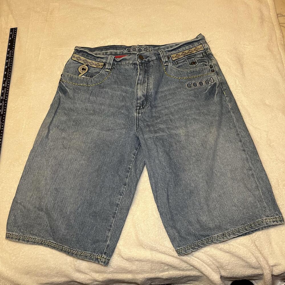 Coogi Shorts Mens 38 Blue Denim Bermuda Relaxed Fit Patch Pockets World Tour